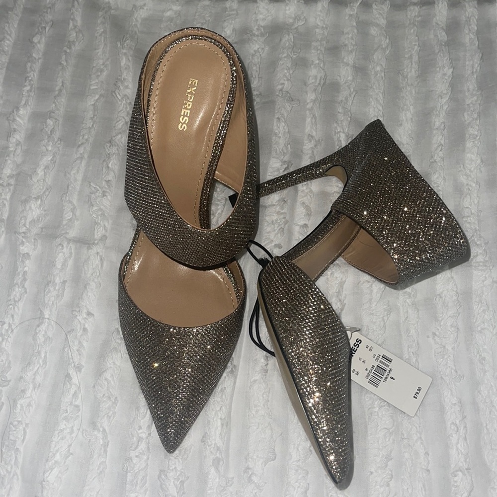Express glitter pointed toe mules (heels)